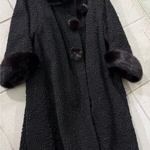 Vintage Black Bouclé Coat with Fur Trim.